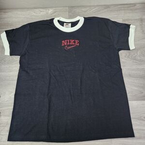 Vintage Nike Embroidered Logo Ringer T-Shirt  Size L Black & White Trim 1990's‎